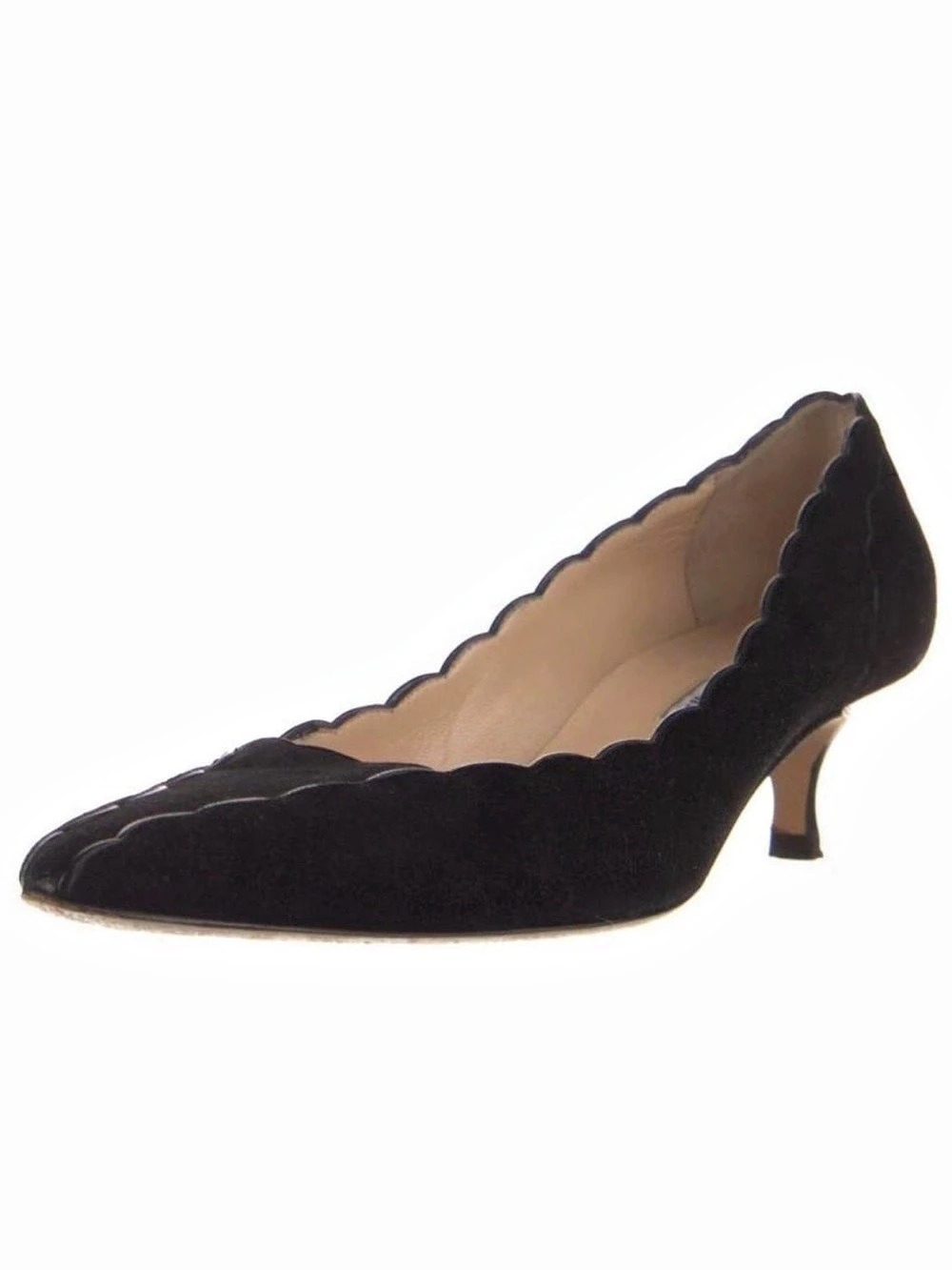 Manolo Blahnik Scalloped Suede Kitten Heel Pumps Black US 9